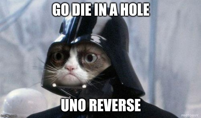 Grumpy Cat Star Wars Meme | GO DIE IN A HOLE; UNO REVERSE | image tagged in memes,grumpy cat star wars,grumpy cat | made w/ Imgflip meme maker
