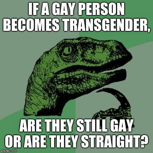 Philosoraptor Meme | IF A GAY PERSON BECOMES TRANSGENDER, ARE THEY STILL GAY OR ARE THEY STRAIGHT? | image tagged in memes,philosoraptor | made w/ Imgflip meme maker