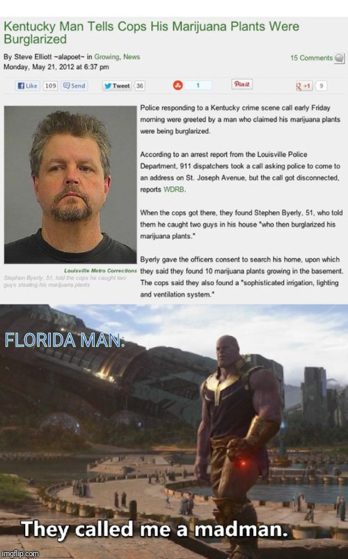 FLORIDA MAN: | image tagged in thanos they called me a madman | made w/ Imgflip meme maker