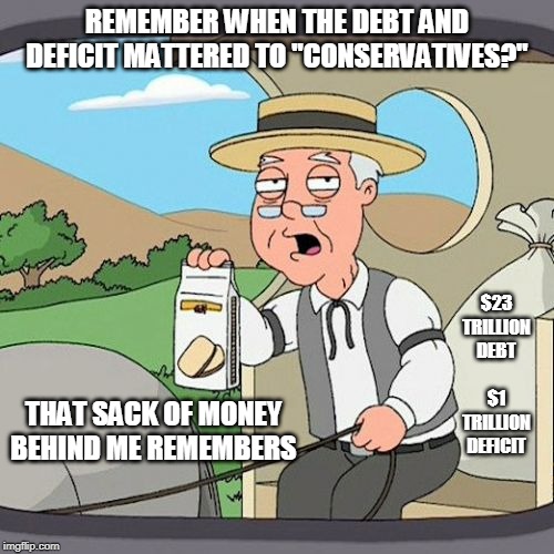 Pepperidge Farm Remembers | REMEMBER WHEN THE DEBT AND DEFICIT MATTERED TO "CONSERVATIVES?"; $23 TRILLION DEBT; $1 TRILLION DEFICIT; THAT SACK OF MONEY BEHIND ME REMEMBERS | image tagged in memes,pepperidge farm remembers | made w/ Imgflip meme maker