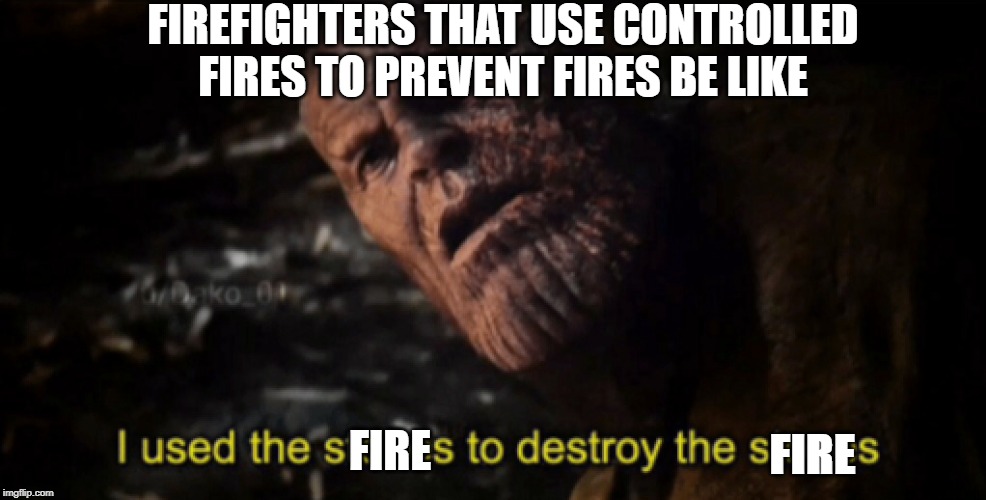I used the stones to destroy the stones | FIREFIGHTERS THAT USE CONTROLLED FIRES TO PREVENT FIRES BE LIKE; FIRE; FIRE | image tagged in i used the stones to destroy the stones | made w/ Imgflip meme maker