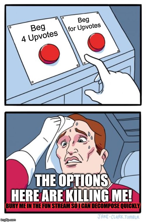 Two Buttons | Beg for Upvotes; Beg 4 Upvotes; THE OPTIONS HERE ARE KILLING ME! BURY ME IN THE FUN STREAM SO I CAN DECOMPOSE QUICKLY | image tagged in memes,two buttons,itdoesntmatter,childsplay | made w/ Imgflip meme maker