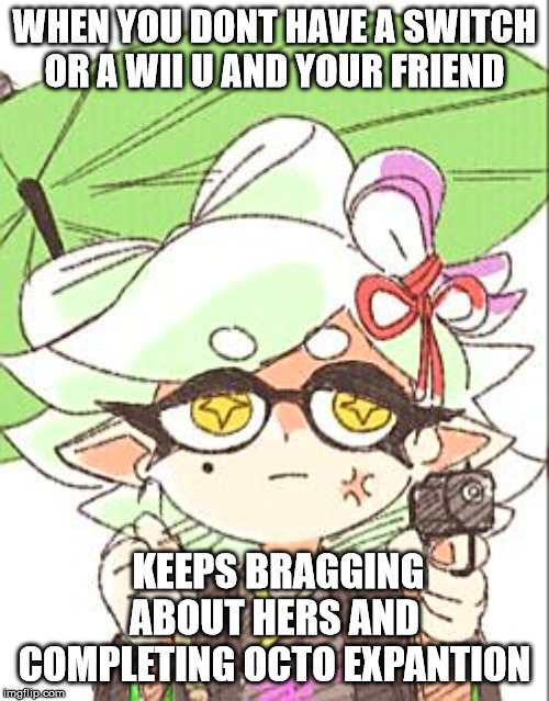 Marie with a gun | WHEN YOU DONT HAVE A SWITCH OR A WII U AND YOUR FRIEND; KEEPS BRAGGING ABOUT HERS AND COMPLETING OCTO EXPANTION | image tagged in marie with a gun | made w/ Imgflip meme maker
