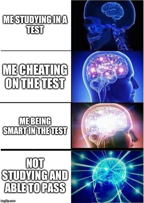 Expanding Brain Meme | ME STUDYING IN A
TEST; ME CHEATING ON THE TEST; ME BEING SMART IN THE TEST; NOT STUDYING AND ABLE TO PASS | image tagged in memes,expanding brain | made w/ Imgflip meme maker
