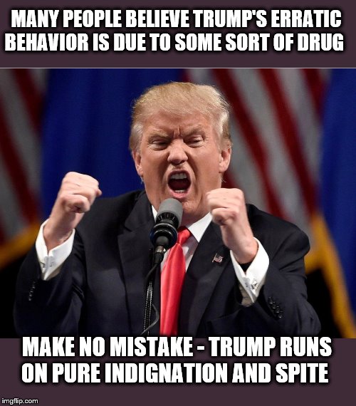 A SIMPLE man... | MANY PEOPLE BELIEVE TRUMP'S ERRATIC BEHAVIOR IS DUE TO SOME SORT OF DRUG; MAKE NO MISTAKE - TRUMP RUNS ON PURE INDIGNATION AND SPITE | image tagged in donald trump,trump is a moron,stupidity,impeach trump,insane | made w/ Imgflip meme maker