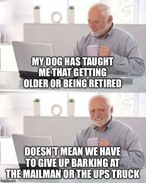 Way of the Canine | MY DOG HAS TAUGHT ME THAT GETTING OLDER OR BEING RETIRED; DOESN’T MEAN WE HAVE TO GIVE UP BARKING AT THE MAILMAN OR THE UPS TRUCK | image tagged in dog,retire,old,mailman,ups | made w/ Imgflip meme maker