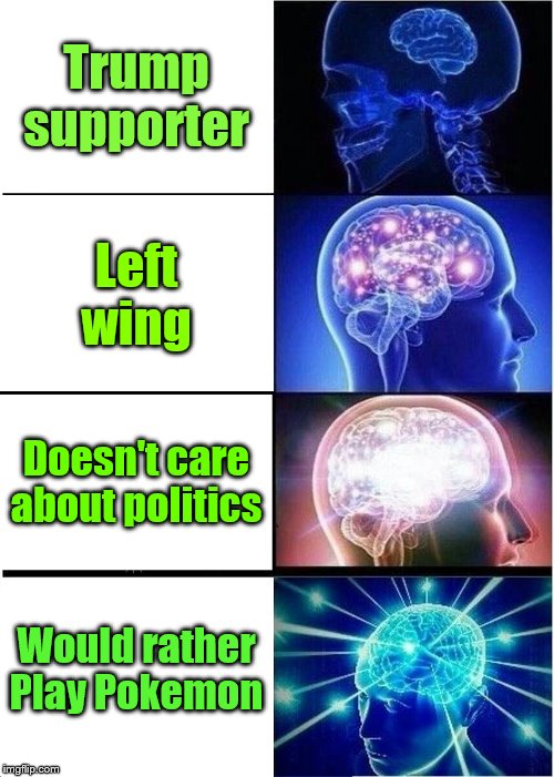 Expanding Brain Meme | Trump supporter; Left wing; Doesn't care about politics; Would rather Play Pokemon | image tagged in memes,expanding brain | made w/ Imgflip meme maker