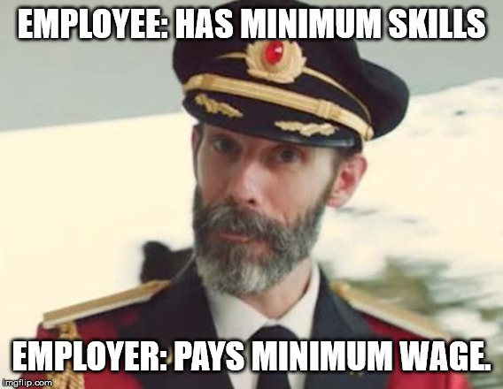 Captain Obvious | EMPLOYEE: HAS MINIMUM SKILLS EMPLOYER: PAYS MINIMUM WAGE. | image tagged in captain obvious | made w/ Imgflip meme maker