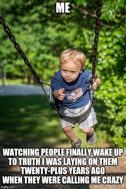 Just a Swingin' | ME; WATCHING PEOPLE FINALLY WAKE UP
TO TRUTH I WAS LAYING ON THEM
 TWENTY-PLUS YEARS AGO 
WHEN THEY WERE CALLING ME CRAZY | image tagged in swing set,i told you,funny memes | made w/ Imgflip meme maker