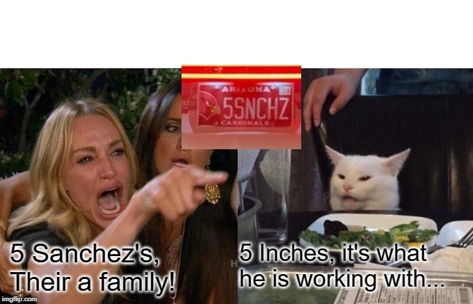 Woman Yelling At Cat | 5 Inches, it's what he is working with... 5 Sanchez's, Their a family! | image tagged in memes,woman yelling at a cat | made w/ Imgflip meme maker