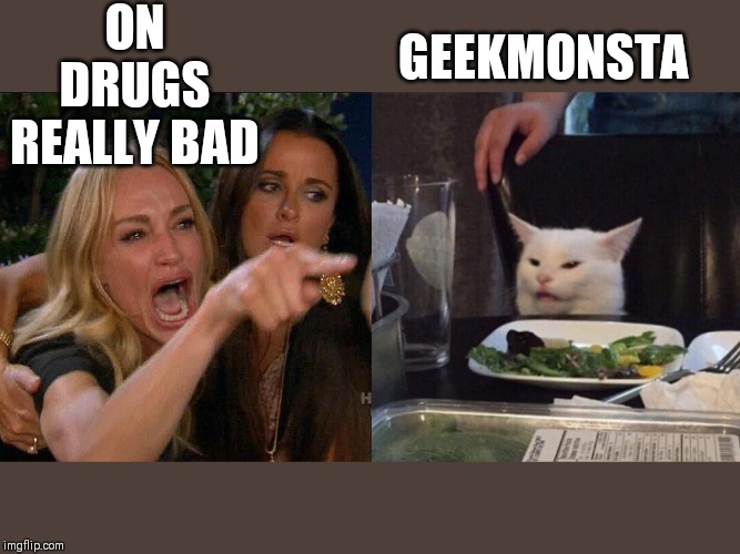 Woman yelling at cat | GEEKMONSTA; ON DRUGS REALLY BAD | image tagged in woman yelling at cat | made w/ Imgflip meme maker
