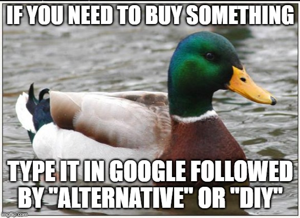 Actual Advice Mallard | IF YOU NEED TO BUY SOMETHING; TYPE IT IN GOOGLE FOLLOWED BY "ALTERNATIVE" OR "DIY" | image tagged in memes,actual advice mallard,AdviceAnimals | made w/ Imgflip meme maker