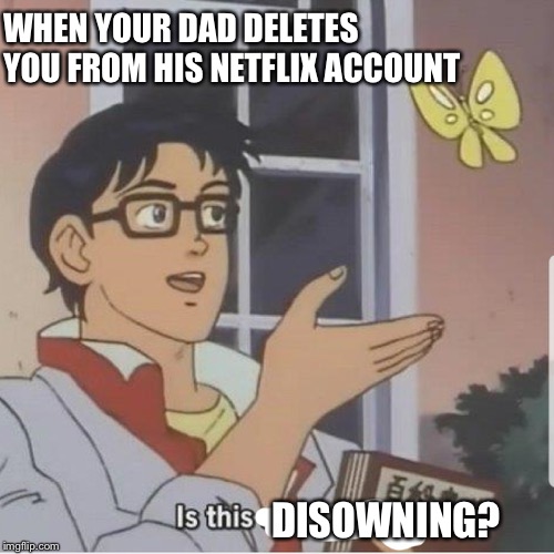 Butterfly man | WHEN YOUR DAD DELETES YOU FROM HIS NETFLIX ACCOUNT; DISOWNING? | image tagged in butterfly man | made w/ Imgflip meme maker