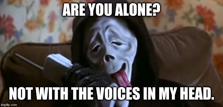 Ghostface Scary Movie | ARE YOU ALONE? NOT WITH THE VOICES IN MY HEAD. | image tagged in ghostface scary movie | made w/ Imgflip meme maker