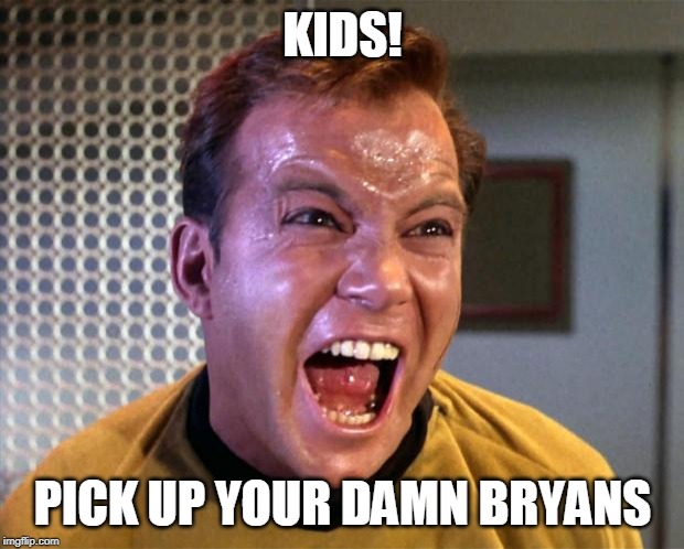 Captain Kirk Screaming | KIDS! PICK UP YOUR DAMN BRYANS | image tagged in captain kirk screaming | made w/ Imgflip meme maker