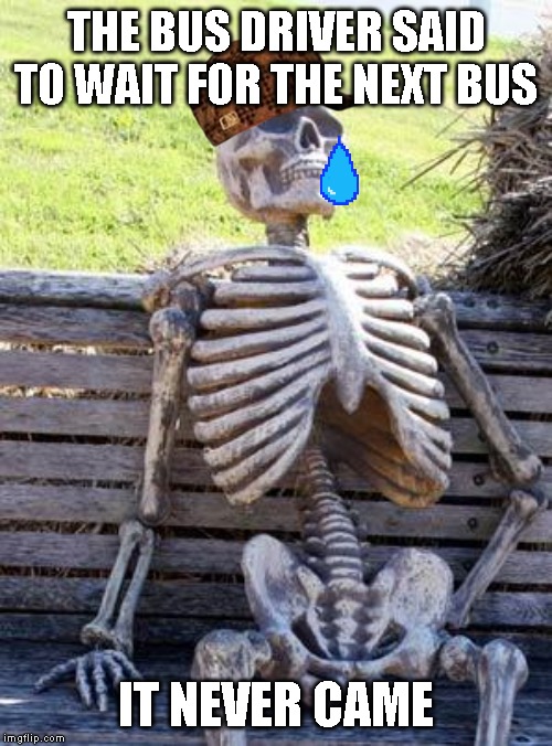 Waiting Skeleton Meme | THE BUS DRIVER SAID TO WAIT FOR THE NEXT BUS; IT NEVER CAME | image tagged in memes,waiting skeleton | made w/ Imgflip meme maker