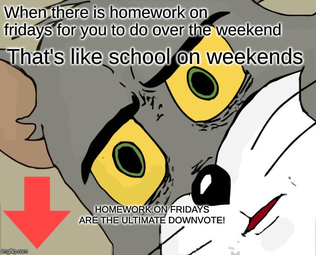 Unsettled Tom Meme | When there is homework on fridays for you to do over the weekend; That's like school on weekends; HOMEWORK ON FRIDAYS ARE THE ULTIMATE DOWNVOTE! | image tagged in memes,unsettled tom | made w/ Imgflip meme maker