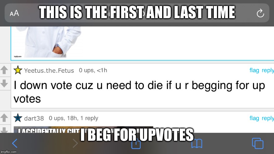 Begging for upvotes | THIS IS THE FIRST AND LAST TIME; I BEG FOR UPVOTES | image tagged in begging | made w/ Imgflip meme maker