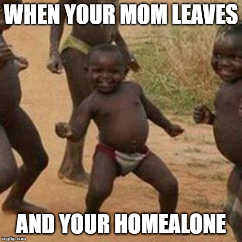 Third World Success Kid Meme | WHEN YOUR MOM LEAVES; AND YOUR HOMEALONE | image tagged in memes,third world success kid | made w/ Imgflip meme maker