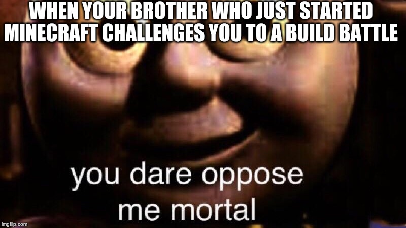 You dare oppose me mortal | WHEN YOUR BROTHER WHO JUST STARTED MINECRAFT CHALLENGES YOU TO A BUILD BATTLE | image tagged in you dare oppose me mortal | made w/ Imgflip meme maker