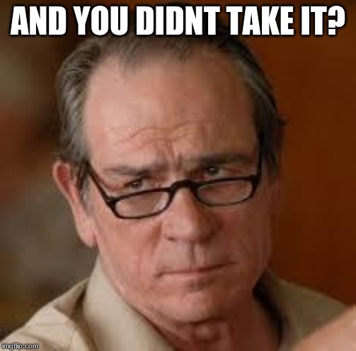 my face when someone asks a stupid question | AND YOU DIDNT TAKE IT? | image tagged in my face when someone asks a stupid question | made w/ Imgflip meme maker