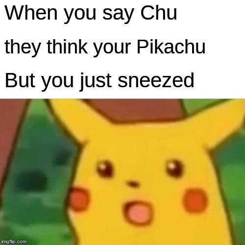 Surprised Pikachu | When you say Chu; they think your Pikachu; But you just sneezed | image tagged in memes,surprised pikachu | made w/ Imgflip meme maker
