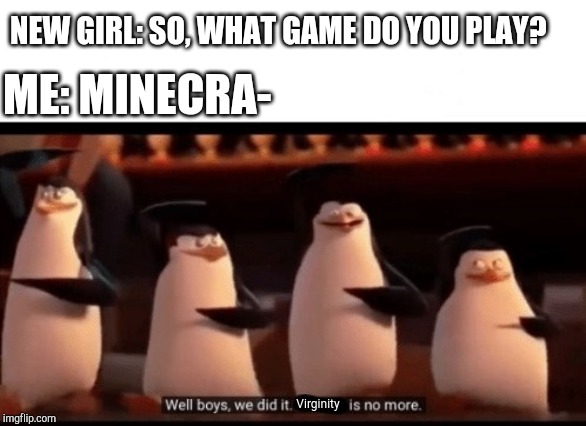 Well boys, we did it (blank) is no more | NEW GIRL: SO, WHAT GAME DO YOU PLAY? ME: MINECRA-; Virginity | image tagged in well boys we did it blank is no more | made w/ Imgflip meme maker