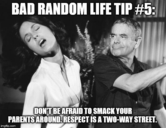 Slapped  | BAD RANDOM LIFE TIP #5:; DON'T BE AFRAID TO SMACK YOUR PARENTS AROUND. RESPECT IS A TWO-WAY STREET. | image tagged in slapped | made w/ Imgflip meme maker