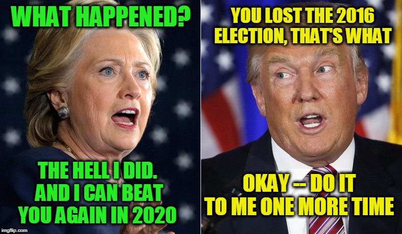 Game On | YOU LOST THE 2016 ELECTION, THAT'S WHAT; WHAT HAPPENED? OKAY -- DO IT TO ME ONE MORE TIME; THE HELL I DID.  AND I CAN BEAT YOU AGAIN IN 2020 | image tagged in hillary clinton,president trump,election 2020 | made w/ Imgflip meme maker