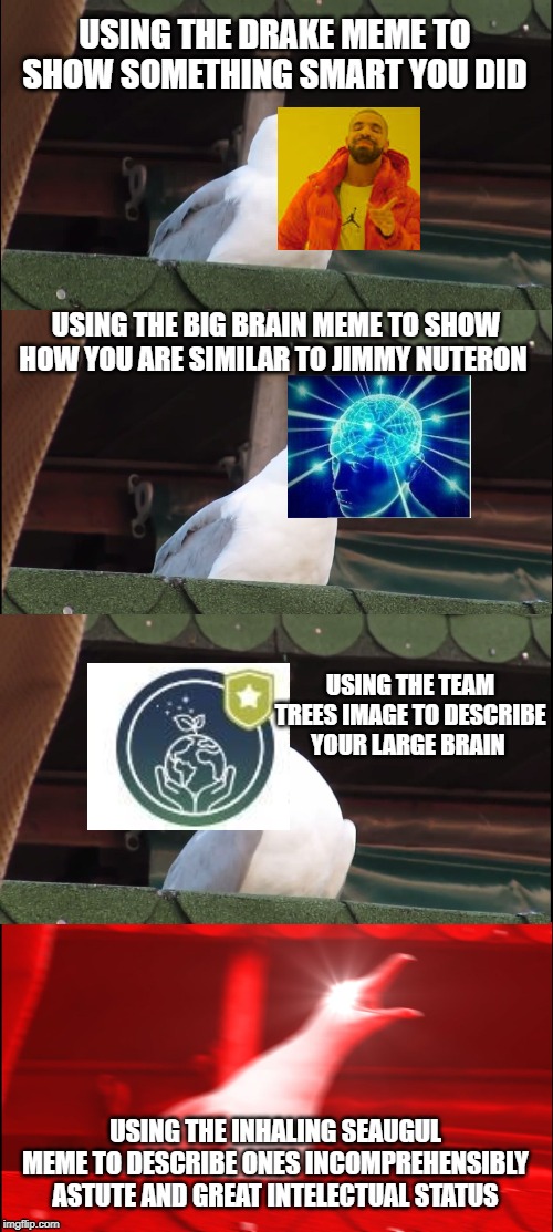 Inhaling Seagull Meme | USING THE DRAKE MEME TO SHOW SOMETHING SMART YOU DID; USING THE BIG BRAIN MEME TO SHOW HOW YOU ARE SIMILAR TO JIMMY NUTERON; USING THE TEAM TREES IMAGE TO DESCRIBE YOUR LARGE BRAIN; USING THE INHALING SEAUGUL MEME TO DESCRIBE ONES INCOMPREHENSIBLY ASTUTE AND GREAT INTELECTUAL STATUS | image tagged in memes,inhaling seagull | made w/ Imgflip meme maker
