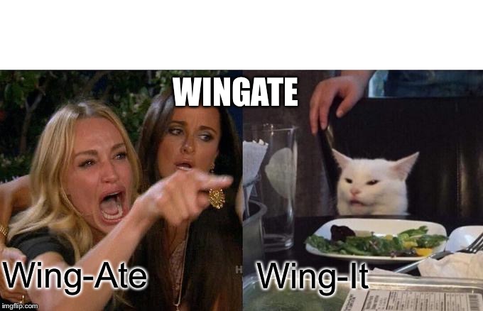 Woman Yelling At Cat | WINGATE; Wing-Ate; Wing-It | image tagged in memes,woman yelling at a cat | made w/ Imgflip meme maker