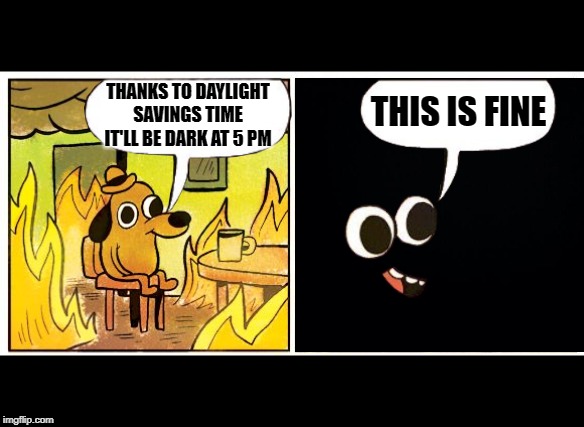 Pitch Black Night | THANKS TO DAYLIGHT SAVINGS TIME IT'LL BE DARK AT 5 PM; THIS IS FINE | image tagged in this is fine dog,daylight savings time,darkness,funny memes,memes | made w/ Imgflip meme maker