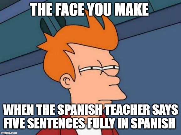 Futurama Fry | THE FACE YOU MAKE; WHEN THE SPANISH TEACHER SAYS FIVE SENTENCES FULLY IN SPANISH | image tagged in memes,futurama fry | made w/ Imgflip meme maker