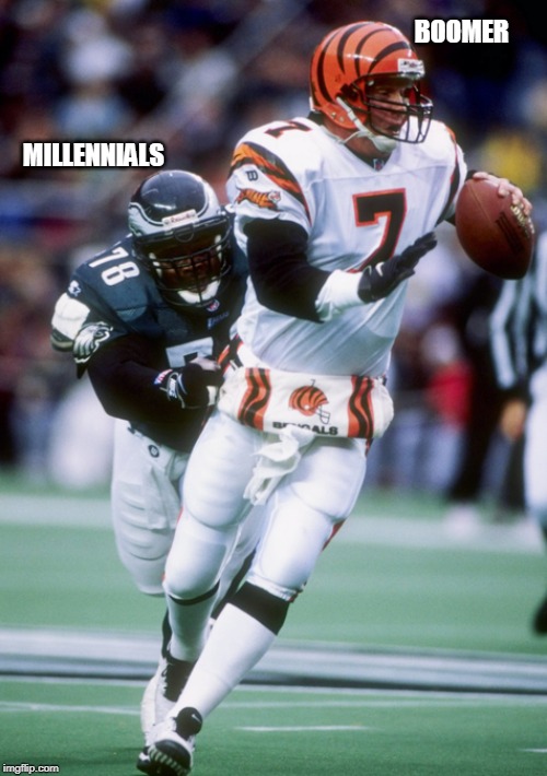 Boomer Tackle | BOOMER; MILLENNIALS | image tagged in boomer tackle | made w/ Imgflip meme maker