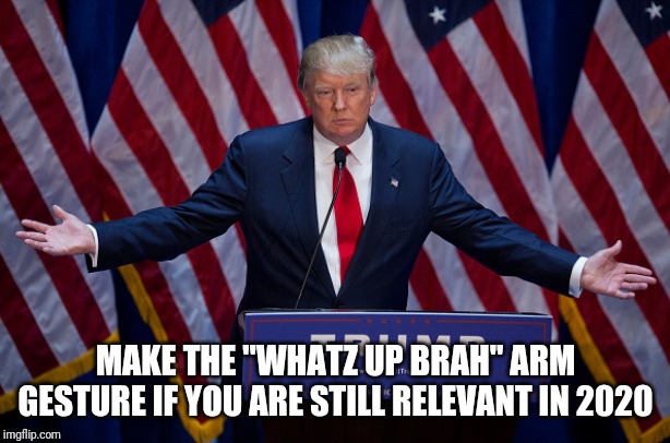 Donald Trump | MAKE THE "WHATZ UP BRAH" ARM GESTURE IF YOU ARE STILL RELEVANT IN 2020 | image tagged in donald trump | made w/ Imgflip meme maker