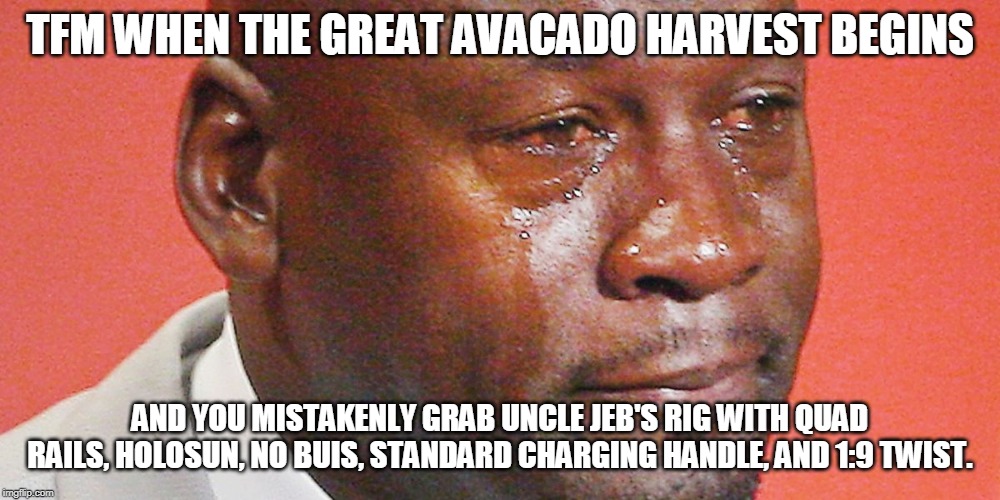 TFM WHEN THE GREAT AVACADO HARVEST BEGINS; AND YOU MISTAKENLY GRAB UNCLE JEB'S RIG WITH QUAD RAILS, HOLOSUN, NO BUIS, STANDARD CHARGING HANDLE, AND 1:9 TWIST. | made w/ Imgflip meme maker