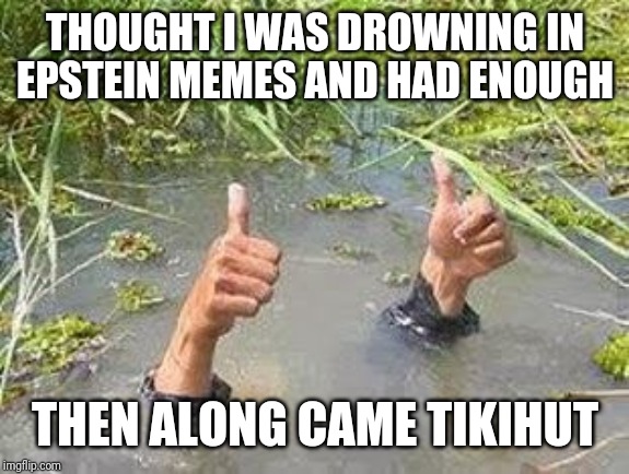 FLOODING THUMBS UP | THOUGHT I WAS DROWNING IN EPSTEIN MEMES AND HAD ENOUGH THEN ALONG CAME TIKIHUT | image tagged in flooding thumbs up | made w/ Imgflip meme maker