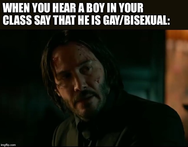 What is this world coming to??? | WHEN YOU HEAR A BOY IN YOUR CLASS SAY THAT HE IS GAY/BISEXUAL: | image tagged in john wick,gay,are you serious,memes | made w/ Imgflip meme maker