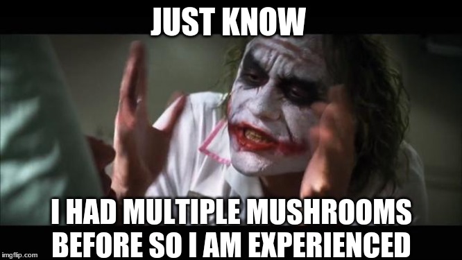 And everybody loses their minds | JUST KNOW; I HAD MULTIPLE MUSHROOMS BEFORE SO I AM EXPERIENCED | image tagged in memes,and everybody loses their minds | made w/ Imgflip meme maker