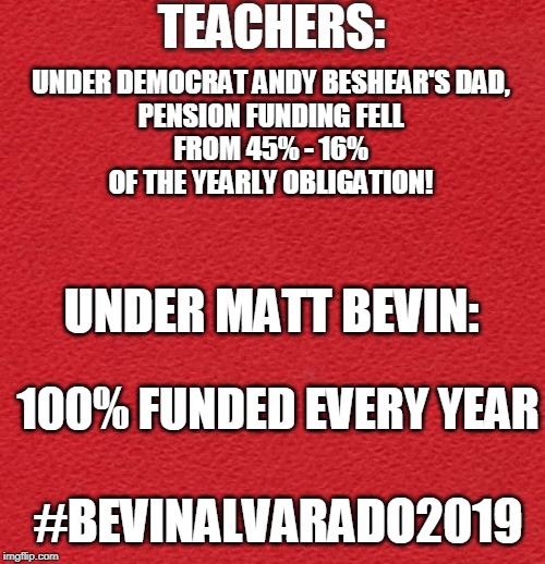 Bevin - Alvarado 2019 | TEACHERS:; UNDER DEMOCRAT ANDY BESHEAR'S DAD, 
PENSION FUNDING FELL 
FROM 45% - 16% 
OF THE YEARLY OBLIGATION! UNDER MATT BEVIN:; 100% FUNDED EVERY YEAR; #BEVINALVARADO2019 | image tagged in bevinalvarado2019,chooselife,wearekentucky | made w/ Imgflip meme maker