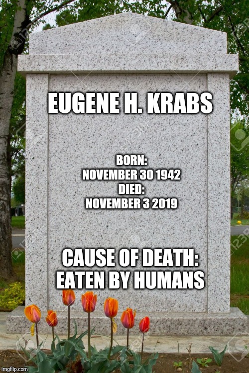 blank gravestone | EUGENE H. KRABS BORN: NOVEMBER 30 1942
DIED: NOVEMBER 3 2019 CAUSE OF DEATH: EATEN BY HUMANS | image tagged in blank gravestone | made w/ Imgflip meme maker