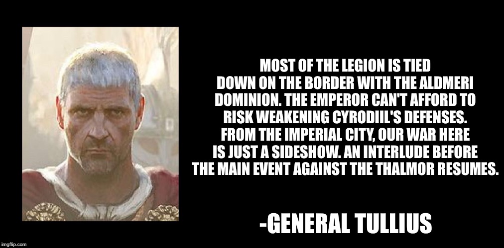 MOST OF THE LEGION IS TIED DOWN ON THE BORDER WITH THE ALDMERI DOMINION. THE EMPEROR CAN'T AFFORD TO RISK WEAKENING CYRODIIL'S DEFENSES. FROM THE IMPERIAL CITY, OUR WAR HERE IS JUST A SIDESHOW. AN INTERLUDE BEFORE THE MAIN EVENT AGAINST THE THALMOR RESUMES. -GENERAL TULLIUS | image tagged in historical quotes,the elder scrolls | made w/ Imgflip meme maker