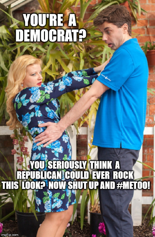 Short Curvy Blonde and Dufus | YOU'RE  A 
DEMOCRAT? YOU  SERIOUSLY  THINK  A  REPUBLICAN  COULD  EVER  ROCK  THIS  LOOK?  NOW SHUT UP AND #METOO! | image tagged in short curvy blonde and dufus | made w/ Imgflip meme maker