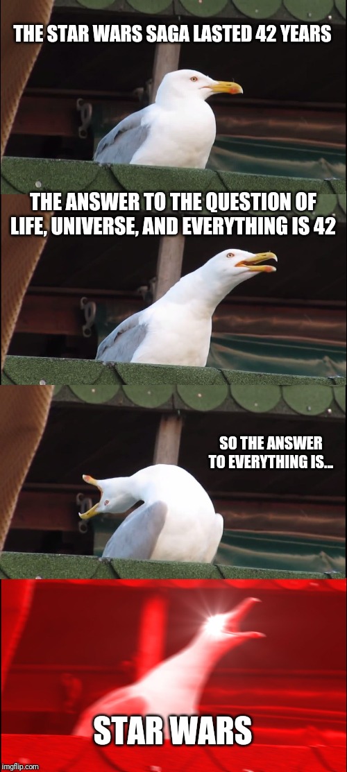 Inhaling Seagull Meme | THE STAR WARS SAGA LASTED 42 YEARS; THE ANSWER TO THE QUESTION OF LIFE, UNIVERSE, AND EVERYTHING IS 42; SO THE ANSWER TO EVERYTHING IS... STAR WARS | image tagged in memes,inhaling seagull | made w/ Imgflip meme maker
