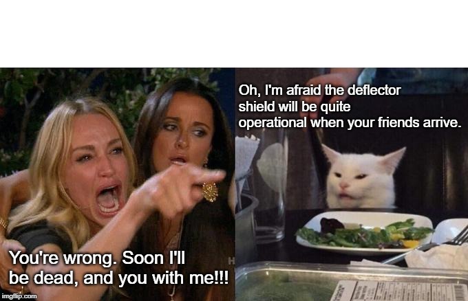 Woman Yelling At Cat | Oh, I'm afraid the deflector shield will be quite operational when your friends arrive. You're wrong. Soon I'll be dead, and you with me!!! | image tagged in memes,woman yelling at a cat | made w/ Imgflip meme maker