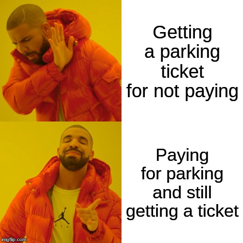 University Parking | Getting a parking ticket for not paying; Paying for parking and still getting a ticket | image tagged in memes,drake hotline bling | made w/ Imgflip meme maker