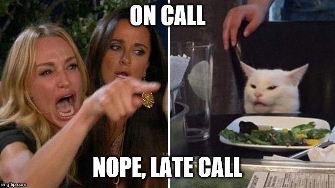 Angry lady cat | ON CALL; NOPE, LATE CALL | image tagged in angry lady cat | made w/ Imgflip meme maker