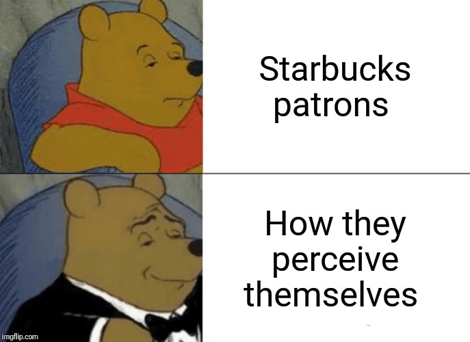 Tuxedo Winnie The Pooh Meme | Starbucks patrons; How they perceive themselves | image tagged in memes,tuxedo winnie the pooh | made w/ Imgflip meme maker