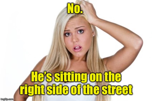 Dumb Blonde | No. He’s sitting on the right side of the street | image tagged in dumb blonde | made w/ Imgflip meme maker