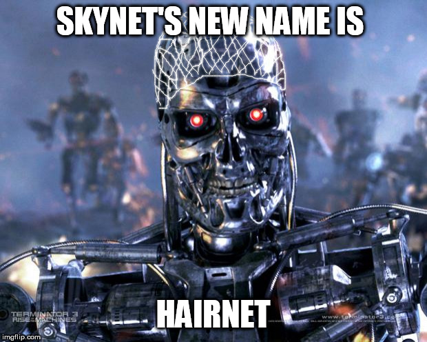 Terminator Robot T-800 | SKYNET'S NEW NAME IS; HAIRNET | image tagged in terminator robot t-800,terminator | made w/ Imgflip meme maker